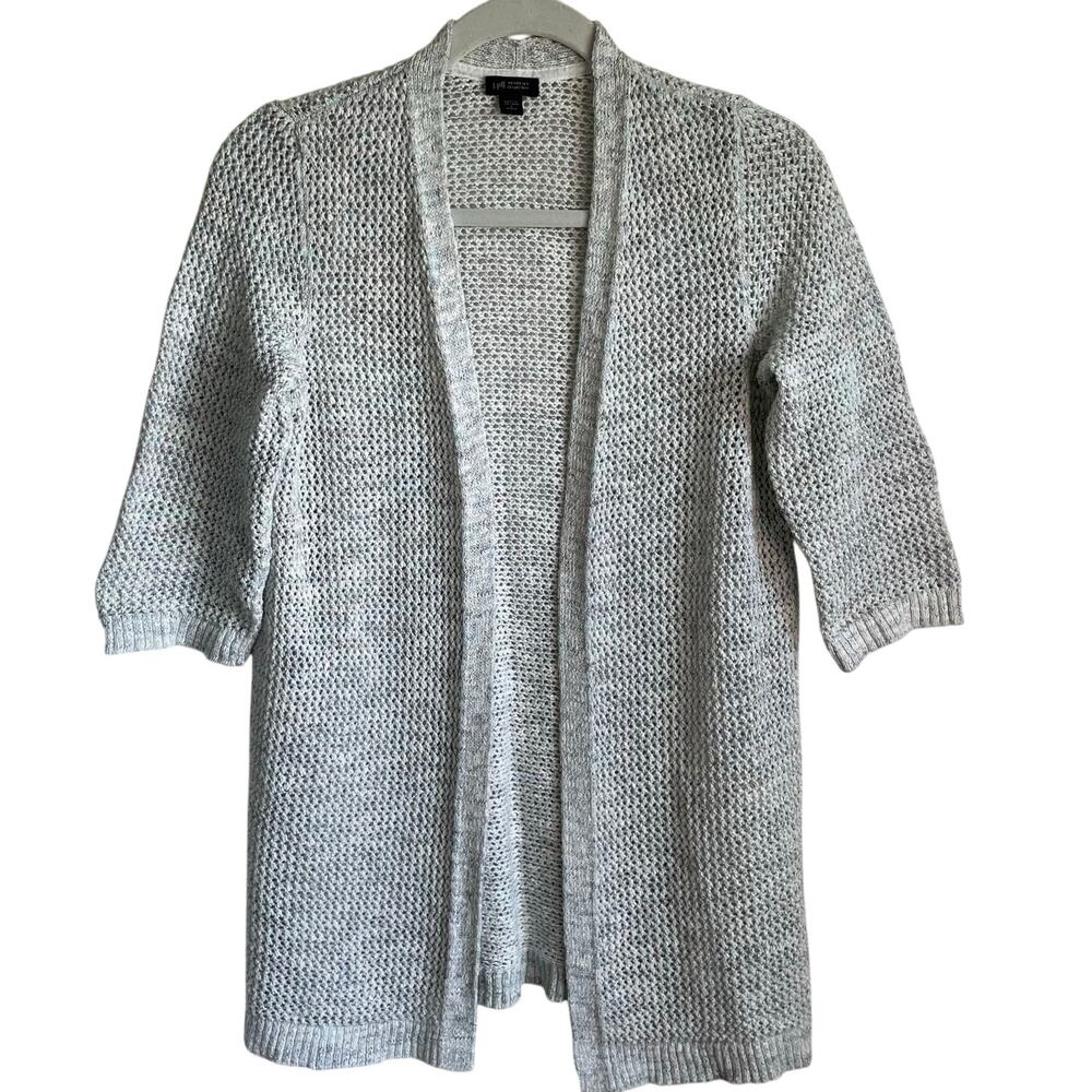 J. Jill Wearever Open Front Cardigan Knit Sweater Sz SP Open Weave 3/4 Sleeves